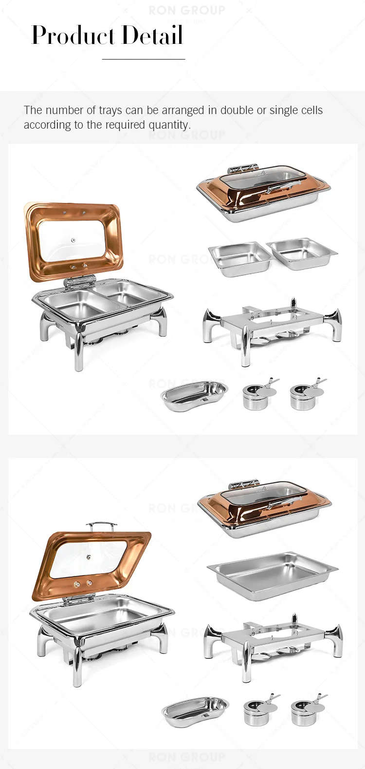 Hotel Restaurant Server Stainless Steel Square Rose Gold Luxury Food Warmer Hydraulic Chafing Dish Buffet Set