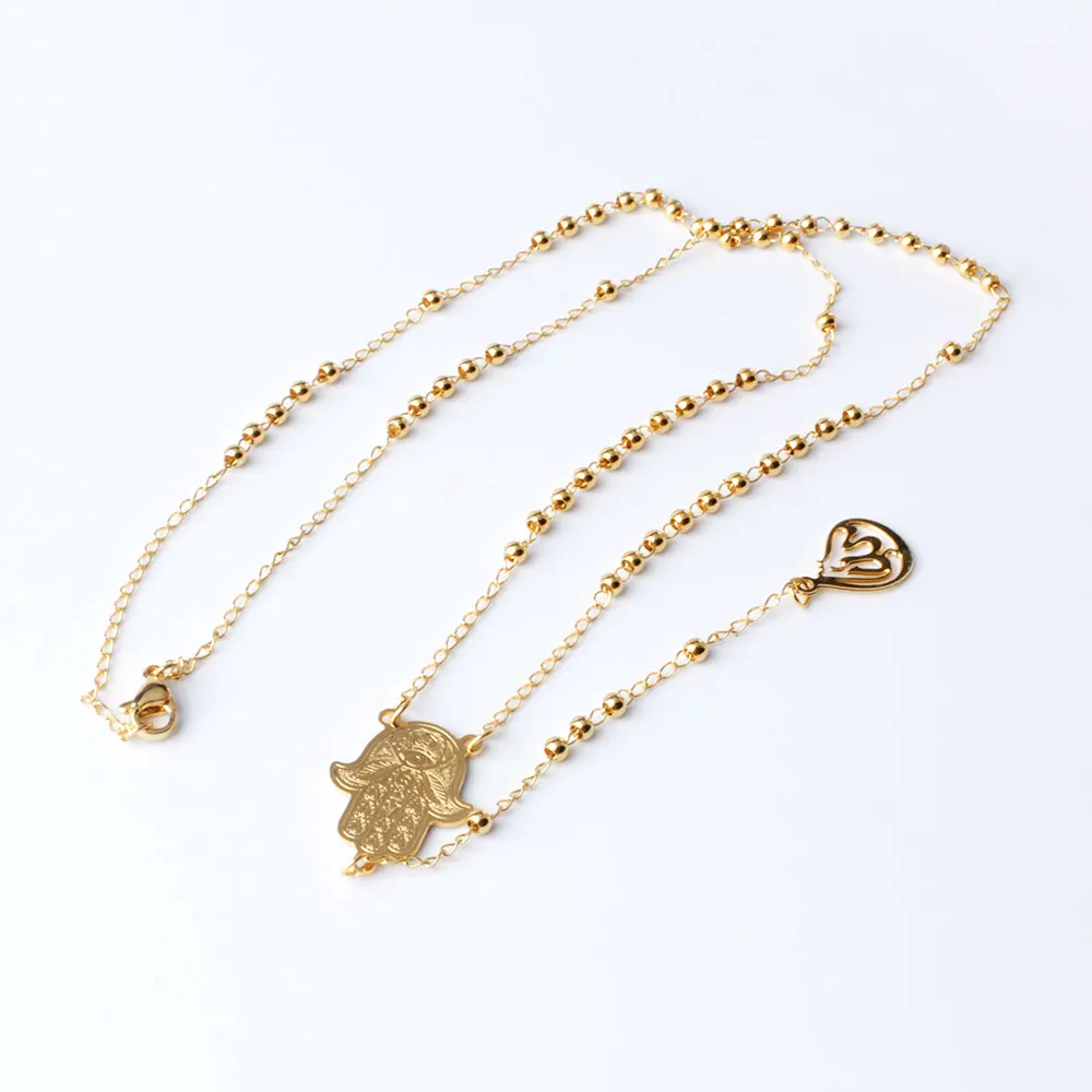 Wholesale Waterproof Women Stainless Steel Gold Plated Hamsa Hand Allah Pendant Islamic Muslim Jewelry Rosary Necklace