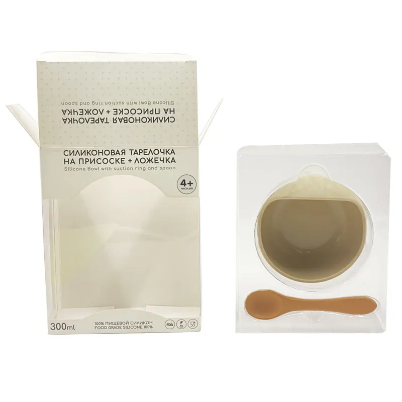 وعاء Silicone للاطفال مع ملعقة تغذية inside عبوة ورقية. صناديق ورقية مع نافذة بلاستيكية شفافة للأطفال، طبق شفط.