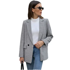 Business-Lady British Style Slim Plaid Blazers Fashion Autumn Women's Single Button Coat Button for Work Office Leisure