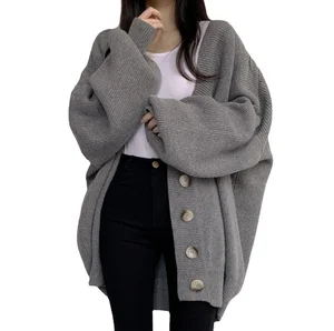 South Korean Chic Women's XS Autumn Winter V-Neck Cardigan Single-Breasted Loose Lantern Sleeve Knitted Long Sweater Coat Casual