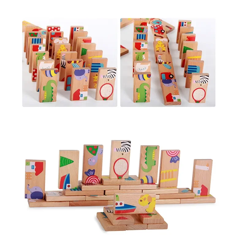 Customs Wooden Cartoon Animal Printed Set 28Pcs Blocks Domino Kids Children Baby Toys for Education Brain Intelligence