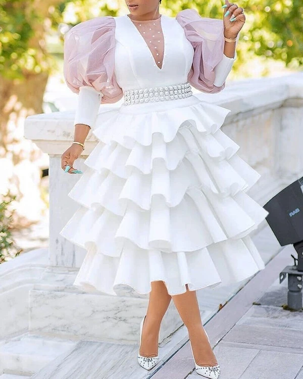 New Style Autumn Spring Sweet Girl High Waist Large Size White Round Neck Puff Sleeve Beading Women Casual  Princess Dress