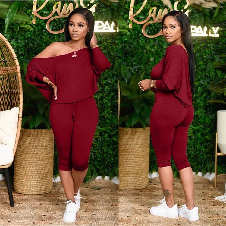 MOEN Off Shoulder kadin setleri Stretchy Fashion Two Piece Set Women Clothing Plus Size Woman 2pcs set