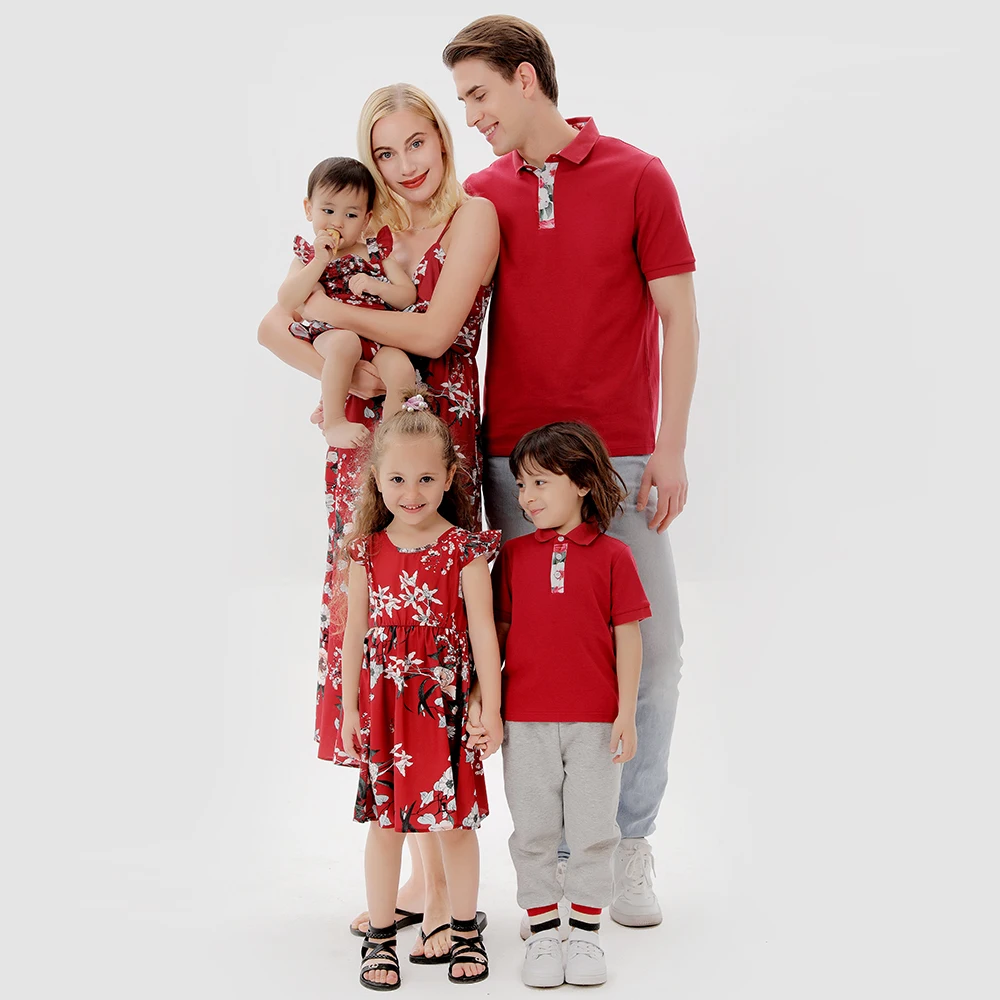 2023 Wholesale Europe New Hot Selling Mom and Me Red Cotton Flower Dress  Parent-child Dad Wear Matching Family Clothes Outfits| Alibaba.com, image size:1000x1000