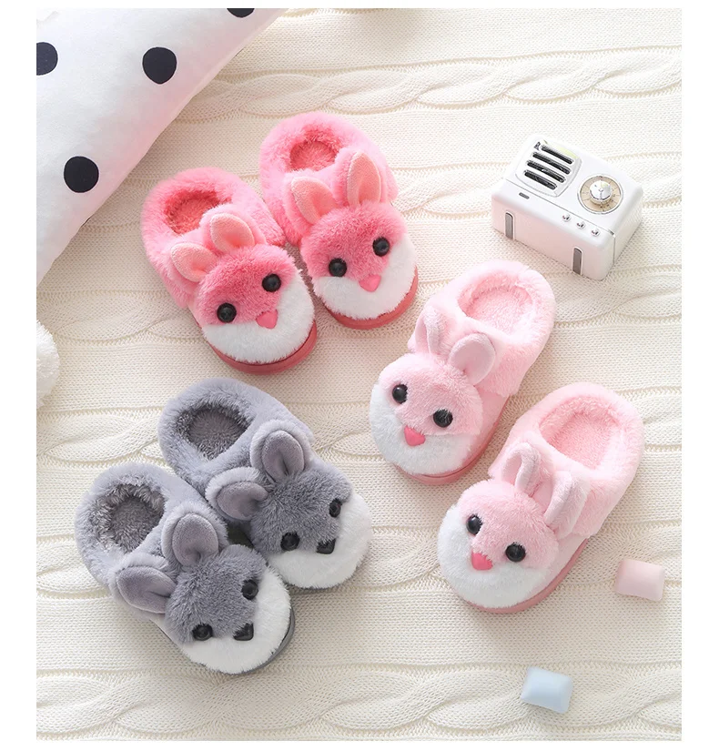 Children's Home Cotton Slippers Rabbit Non-slip Indoor Warm In Winter Fluffy  Slippers Pink Girls Shoes Slippers Kids Miaoyoutong