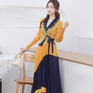 Miyake Elegant Dress with Multi-color Sequined Patchwork and a Non-standard Pleated Collar