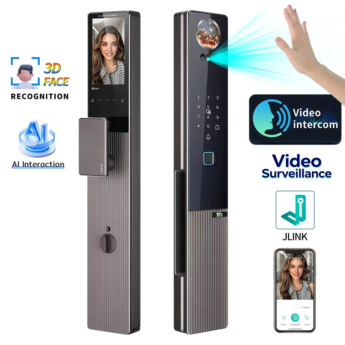 HanDaily Video-Türsprechanlage, KI-Smartlock, App-Steuerung, Gesichtserkennung, Fingerabdruck, Palmvenen-Digitaltürschloss A80