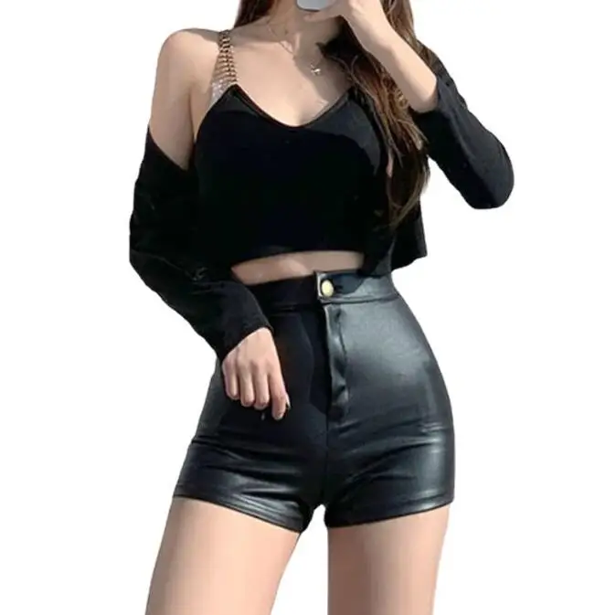 Black leather women autumn/winter high Fanny pack hip PU leather bottom  stretch tight sexy hot pants super short leather pants - AliExpress