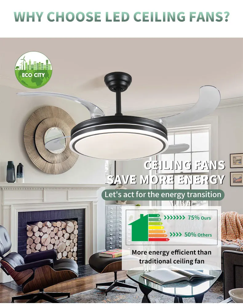 HC732 Home Smart Remote Control 42 Inches Black Design Invisible Ceiling Led Chandelier Lamp with Fan