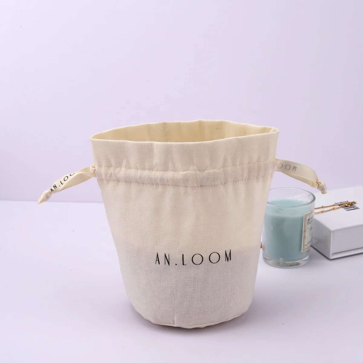 Custom Logo Printed Round Bottom Cotton Linen Candle Pouch Drawstring