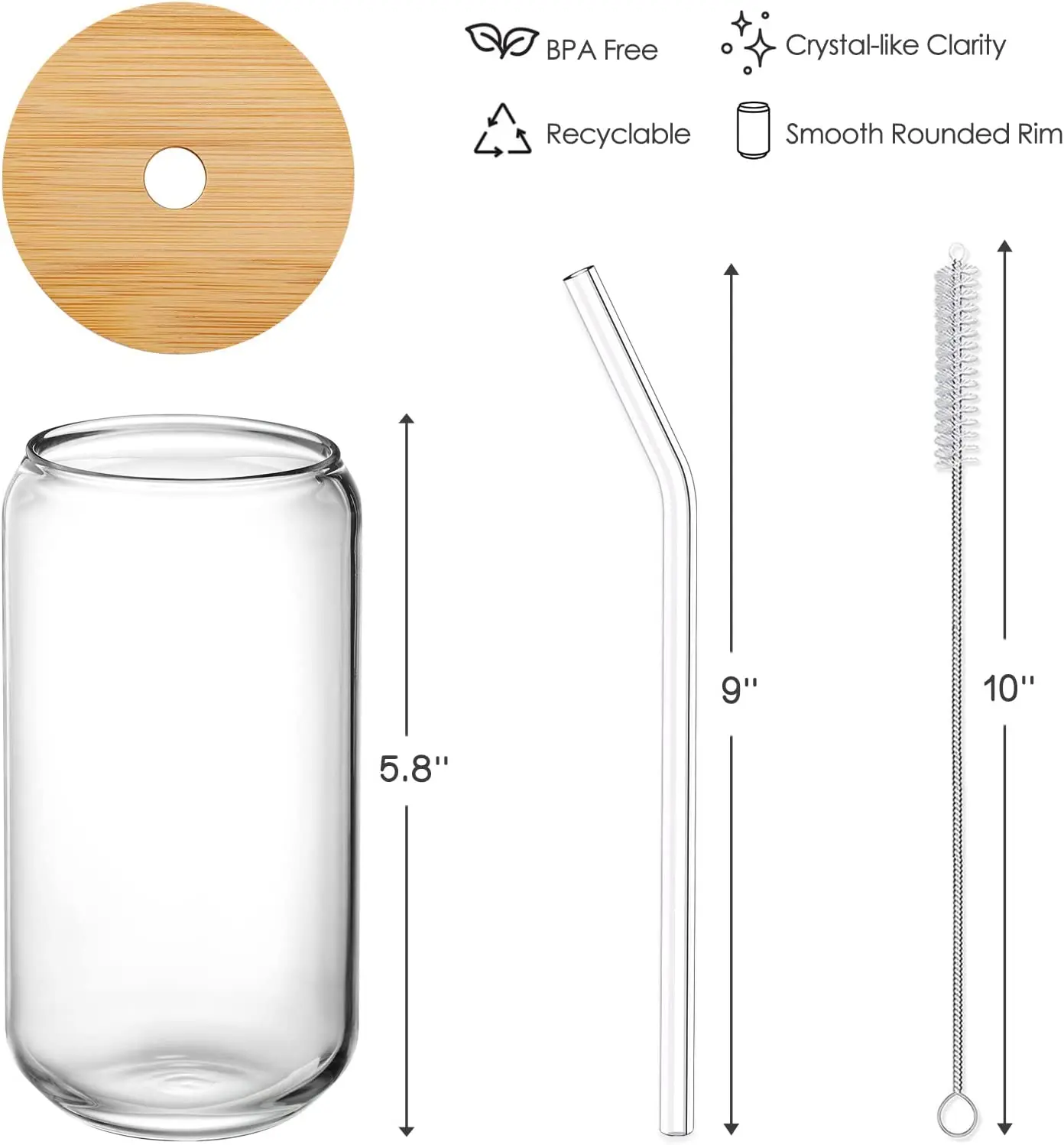 Drinking Glasses with Bamboo Lids and Glass Straw 4pcs Set - 16oz Can ...