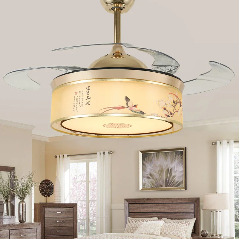 Hot sale hidden blade Metal Acrylic lamp lighting folding ceiling Color stitching led fan