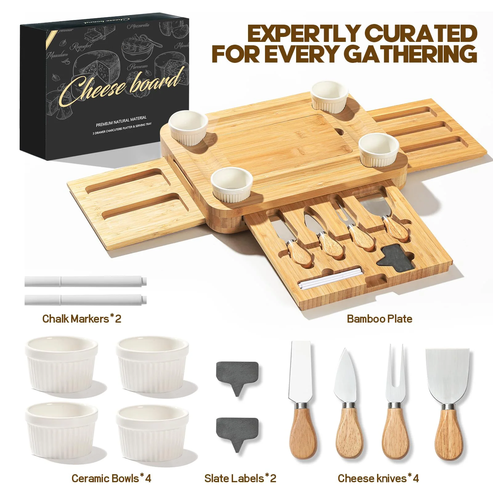Luxury Cheese Board with Lid and Handle Kitchen Cutting Board with 3 Drawers for Snack Parties Travel Picnics Gifts
