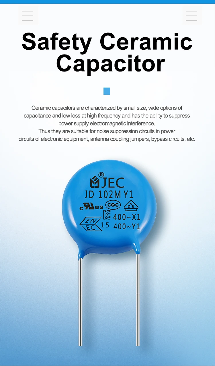 JEC Y1 Safety Ceramic Capacitor 1000pf 400V 20% Tolerance Through Hole Package -40 to +125 Operating Temperature