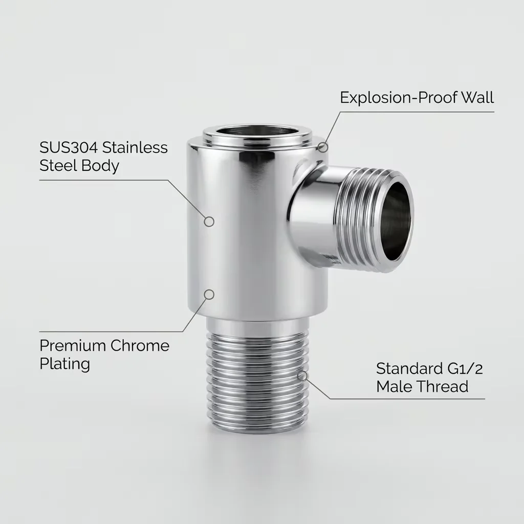 G1/2 inch water splitter installation example Chrome plated stainless steel angle valve connector installed view