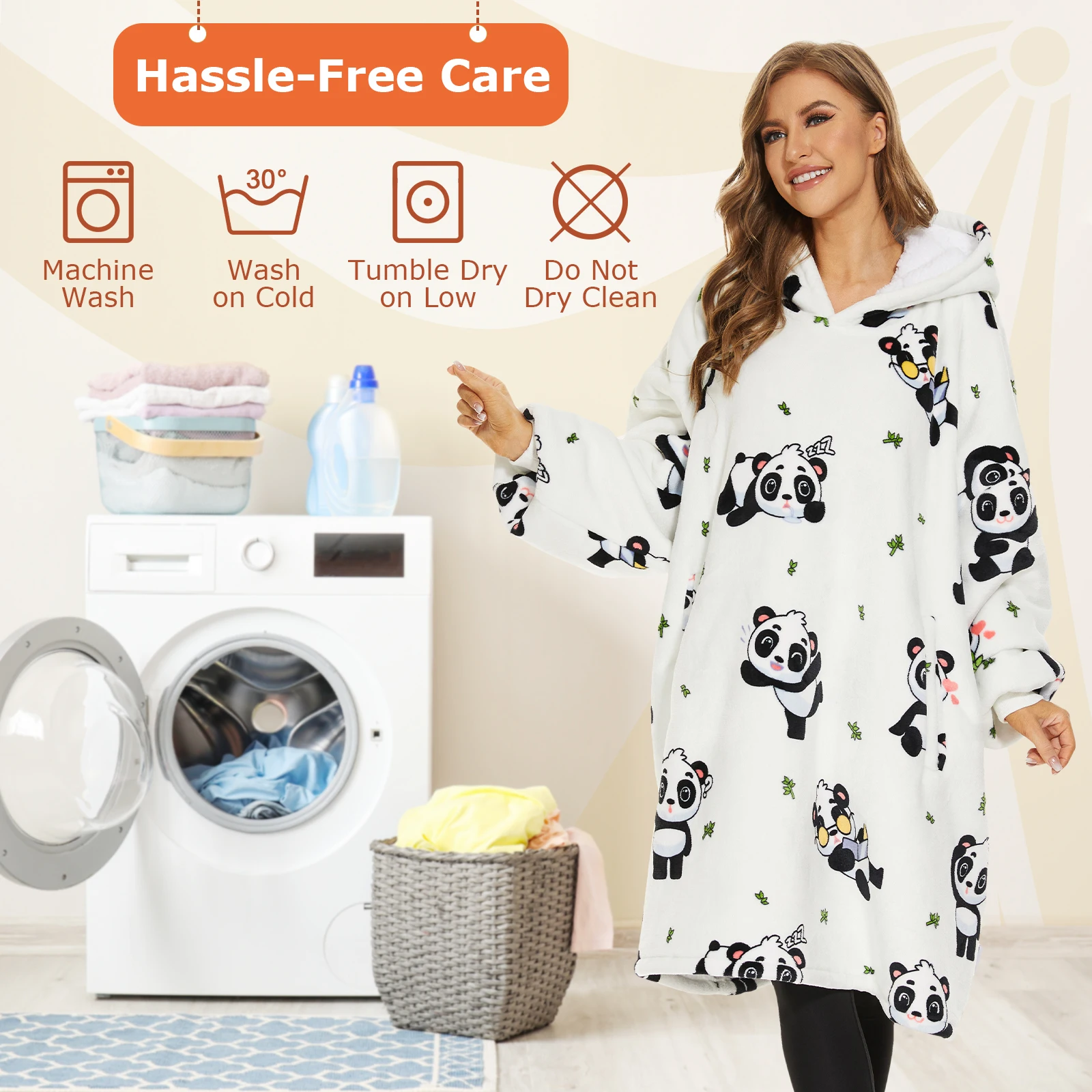 Original Factory Custom Panda Print Oversized Sherpa Adult Sweatshirt Wearable Mens Womens Hooded Hoodie Blanket