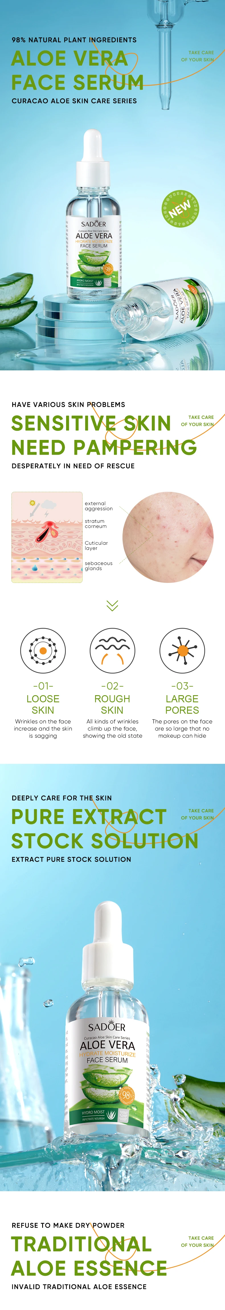 Organic Natural Skin Care Kit Aloe Vera Extract Gel Face Care Whitening Moisturizing Acne