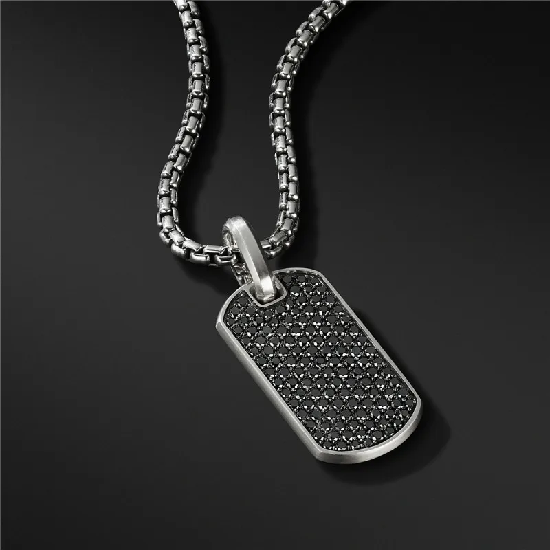 Stainless Steel Black Dog Tag Cnc Zircon Diamond Pendant Necklace Mens