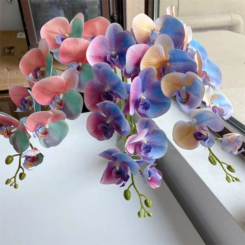 3d Printing Real Touch Orchids Gradient Rainbow Orchid Flowers 9 Heads Latex Butterfly Flower Artificial Orchids