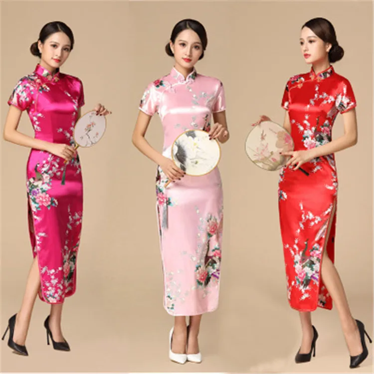 Chinese Traditional Clothing Slim Fit Printed Cheongsam Qipao Short Sleeved Bodycon Dresses For