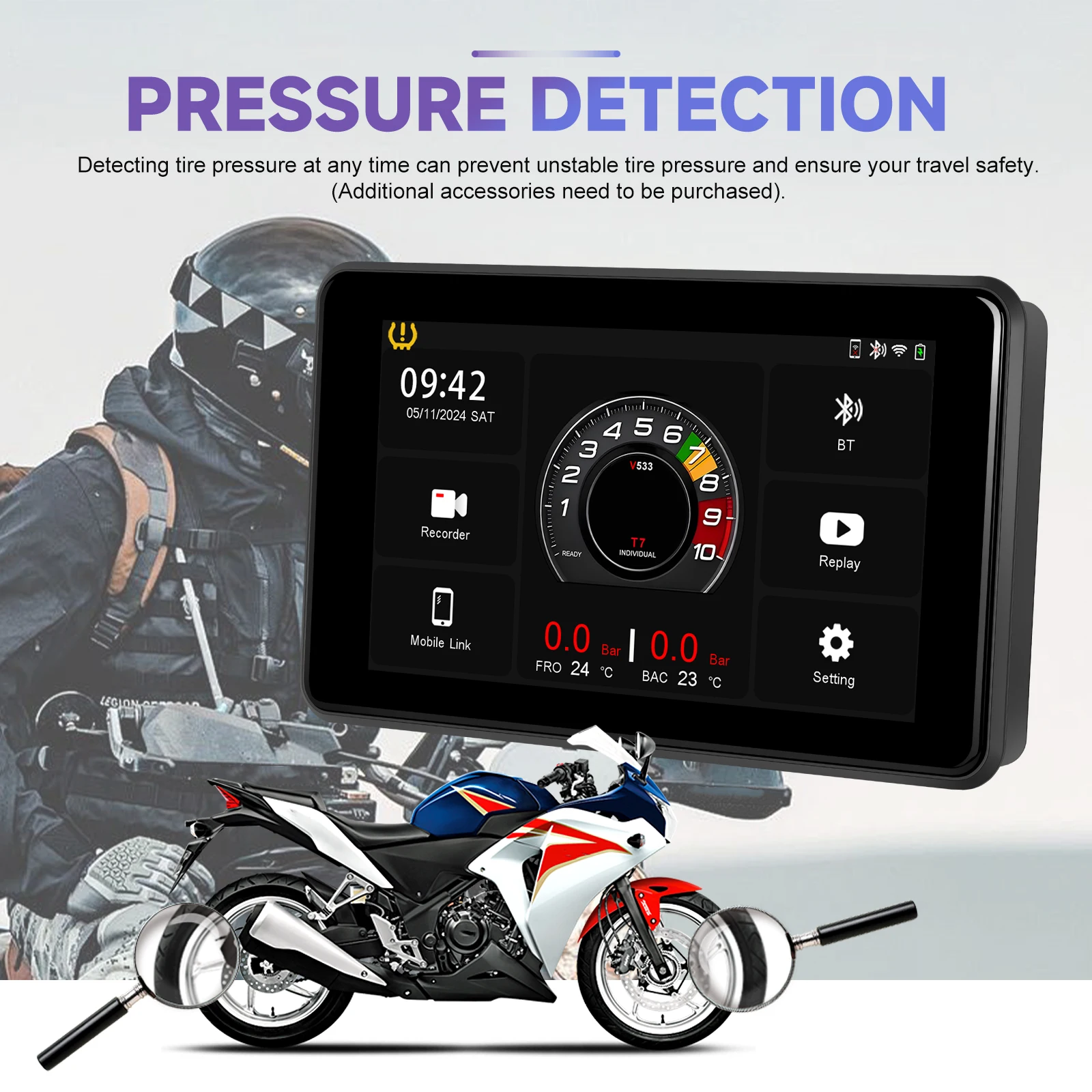 podofo 5 inch motorcycle portable wireless carplay screen android auto recording dvr navigation gps with front rear camera a3996-8