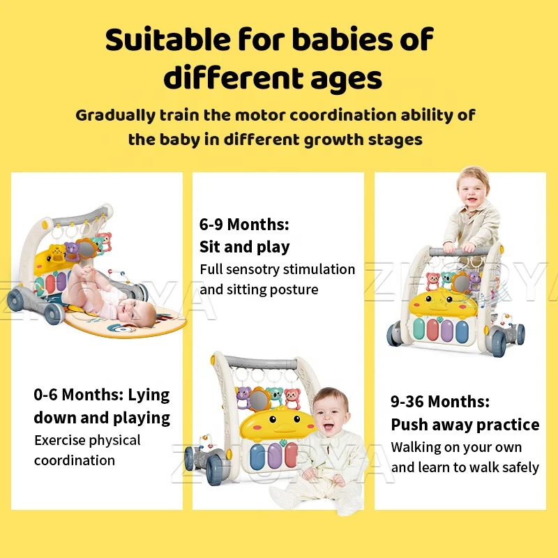 Zhorya Multifunctional 2 in 1 Push Stroller Toy Baby Sit to Stand Activity Baby Music Push Walker Toy