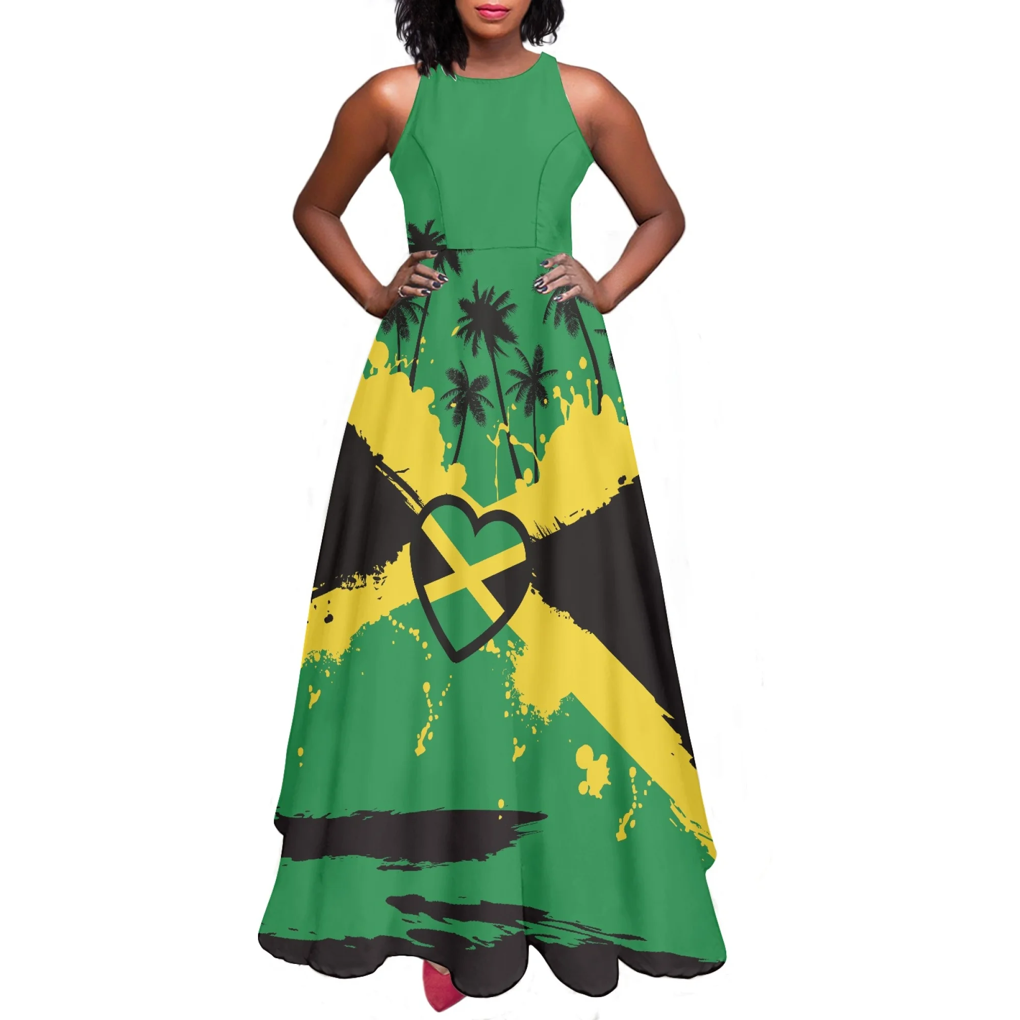 Tropical Print Maxi Dress With Jamaica Flag Design For Women Odm Tropical Print Maxi Dress With Jamaica Flag Design For Women Odm