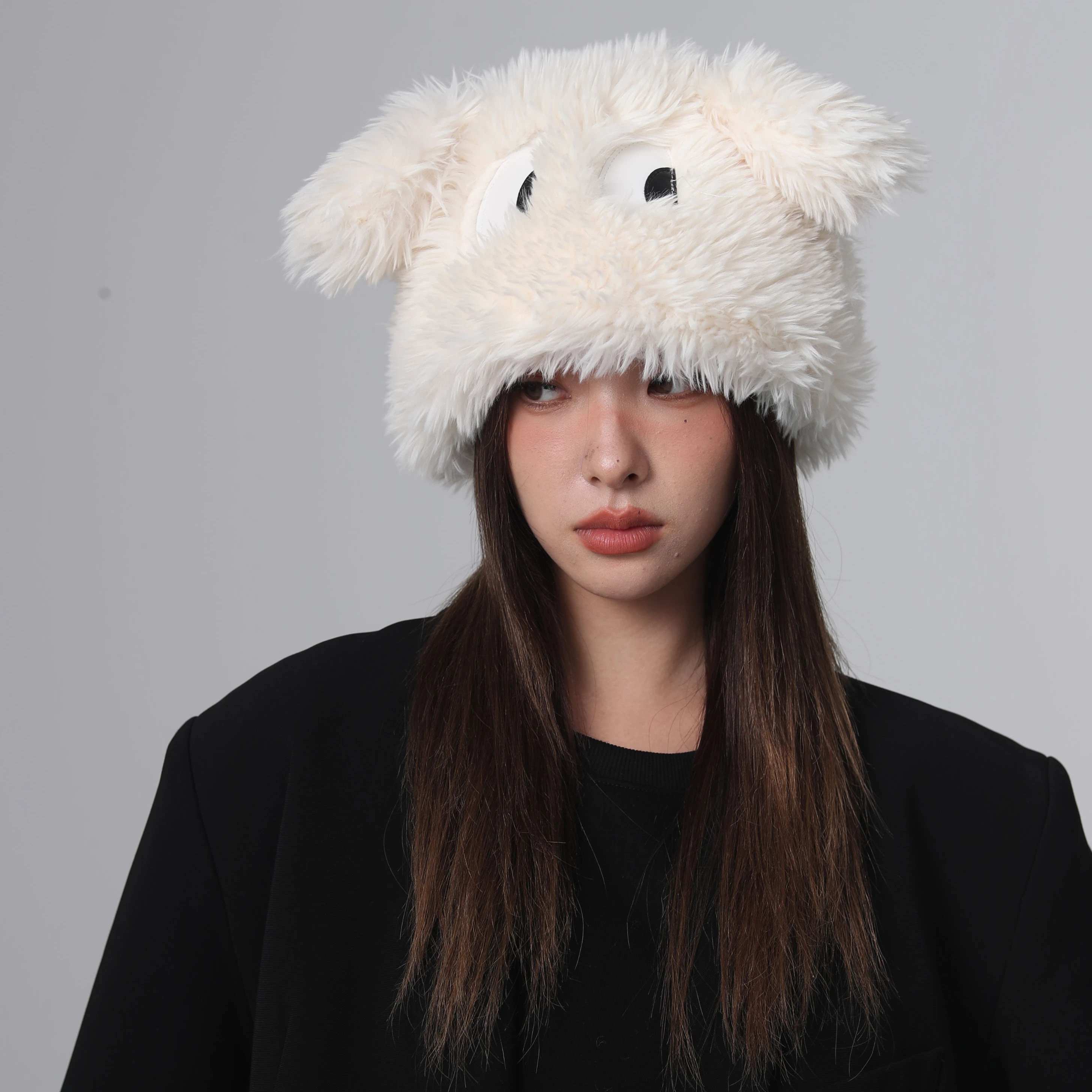 Fashion Girls Winter Cute Big Eyes Bucket Hat With Custom logo Designer  Women's Fluffy Faux Fur Bucket Hats With Ears