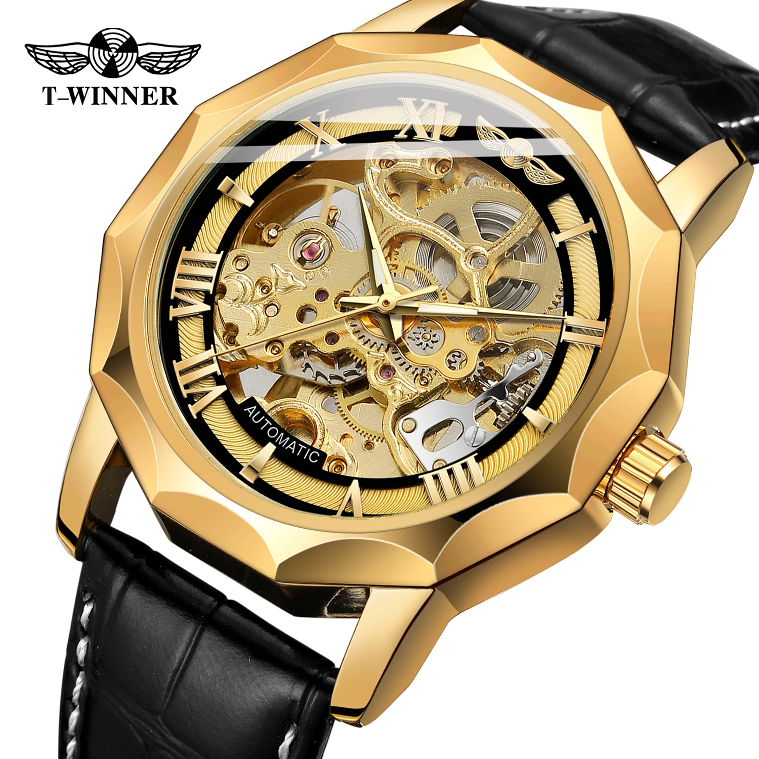 Men's Shanghai Automatic Skeleton Watch with Alarm New Genuine Leather Strap Charm Style