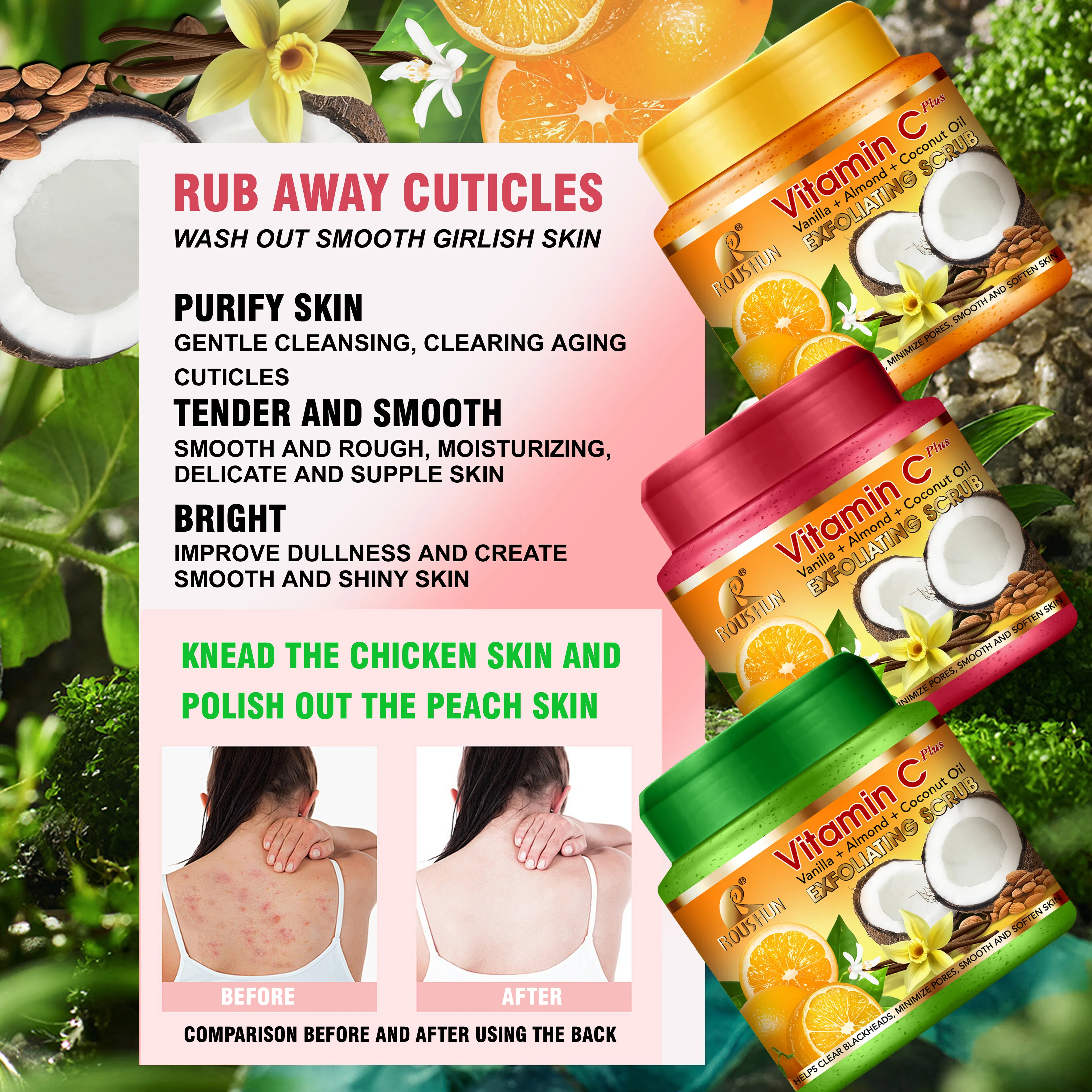 ROUSHUN VC EXFOLIATING SCRUB Vanilla Almond VITAMIN C VEGAN LIGHTENING BODY SCRUB