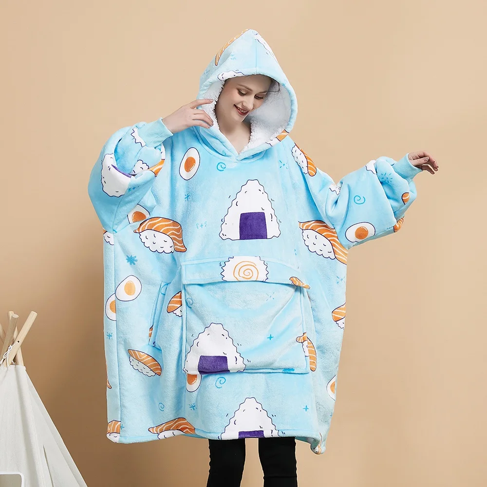Super Warm Oversized Long Wearable Blanket Hoodie Sherpa Fleece Blanket