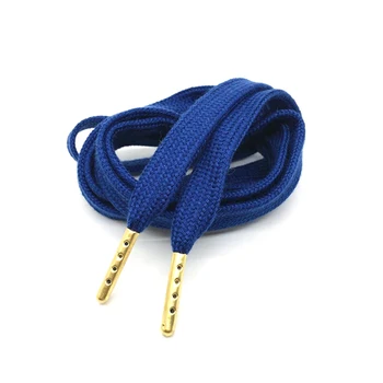 Best Selling Gold Cord End Shoelace Factory, Custom Logo Design Blue Flat Cotton Fabric Shoe Laces with Metal Tips