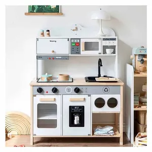 2026 New White or Yellow Big Kitchen Child Simulation Cooking Pretend Play Wooden Kitchen Toys with Coffee Machine for Kids