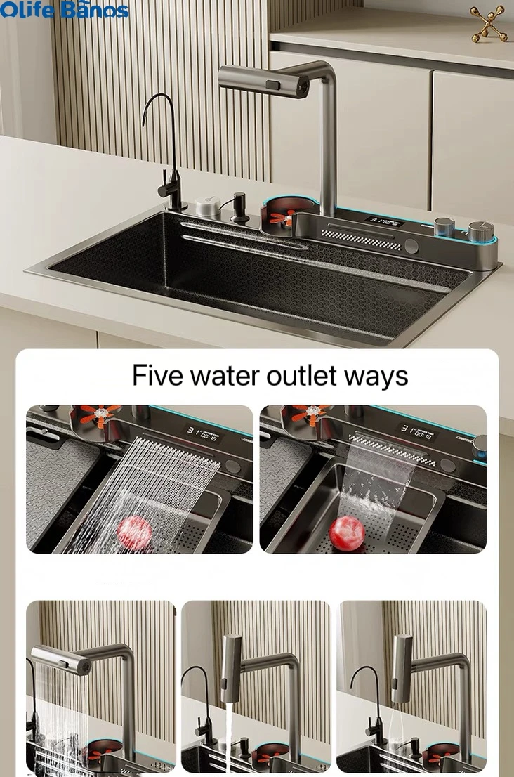 2023 Newest Design Tiktok Trends Led Digital Display Pull Out One Piece  Waterfall Rainfall Piano Key Ceramic Kitchen Sink details