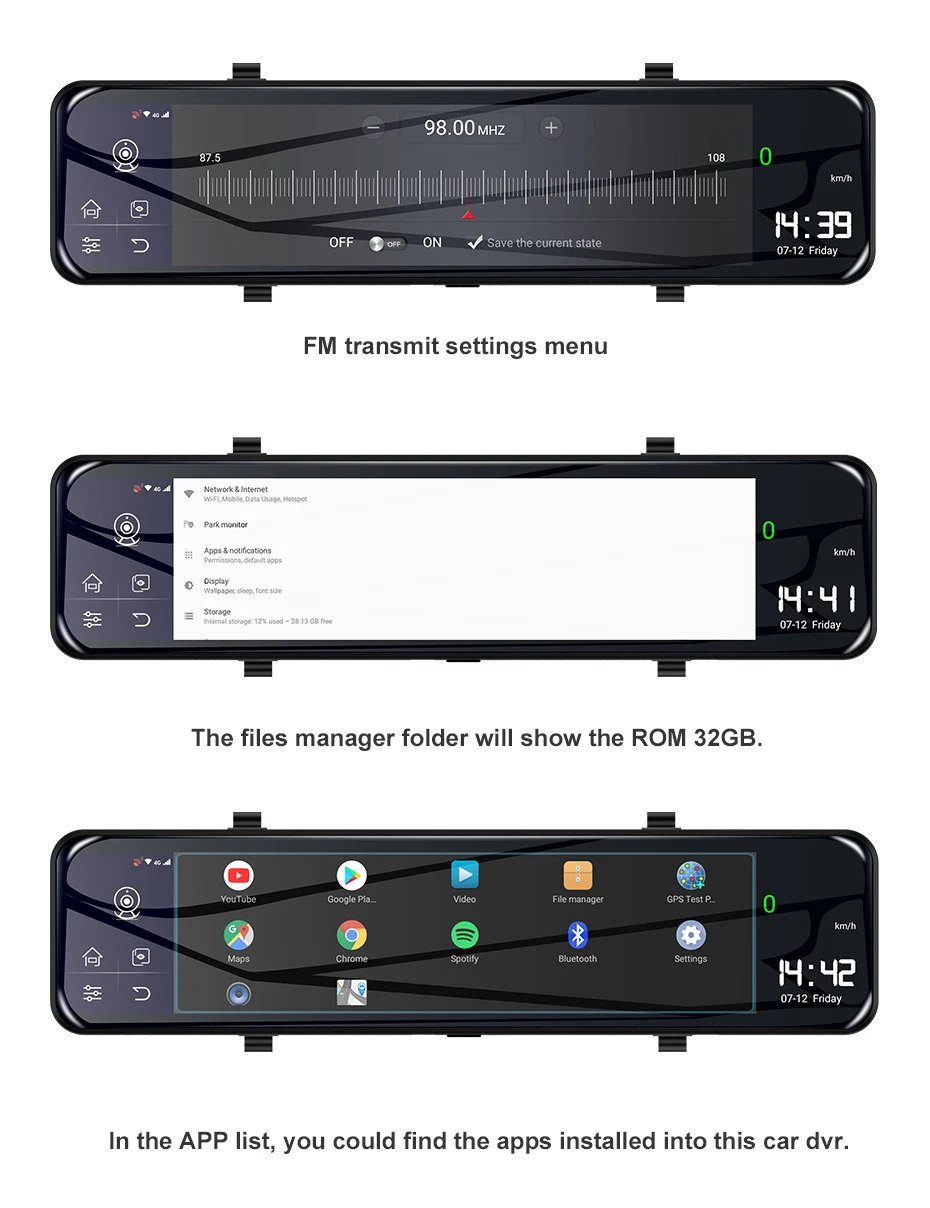 ミラーカーDVR12インチ4GAndroid8.1カーブラックボックス3