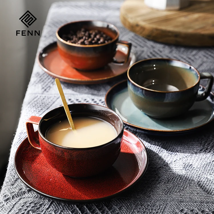 product fenn high quality and nice design green ceramic home coffee cups set 250ml mugs vintage style coffee cup and saucer for gift481-57