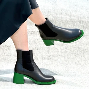 2026 New Black Genuine Leather Ankle Boots-Retro Fashion Classic Chunky Block Heel Platform Sole Slip-On Stretch Topline Casual