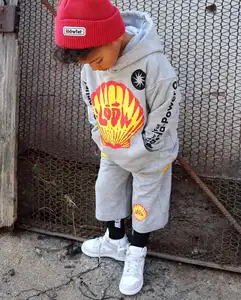 Custom Puff Printing Logo 500gsm Heavyweight Cotton Oversize Hoodies and Shorts Kids Clothing Set Custom Boys Clothing Sets