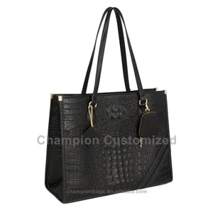 OEM Logo Croc Embossed Leather Ladies Black Tote Bag Shoulder Women Shopper Handbag Purse