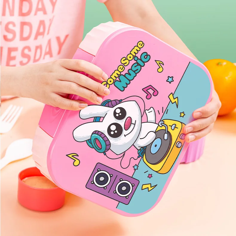 FDA LFGB CE CPC cartoon student kids 4 compartments leakproof plastic food grade lunch box with sauce box and cutlery 1200ml