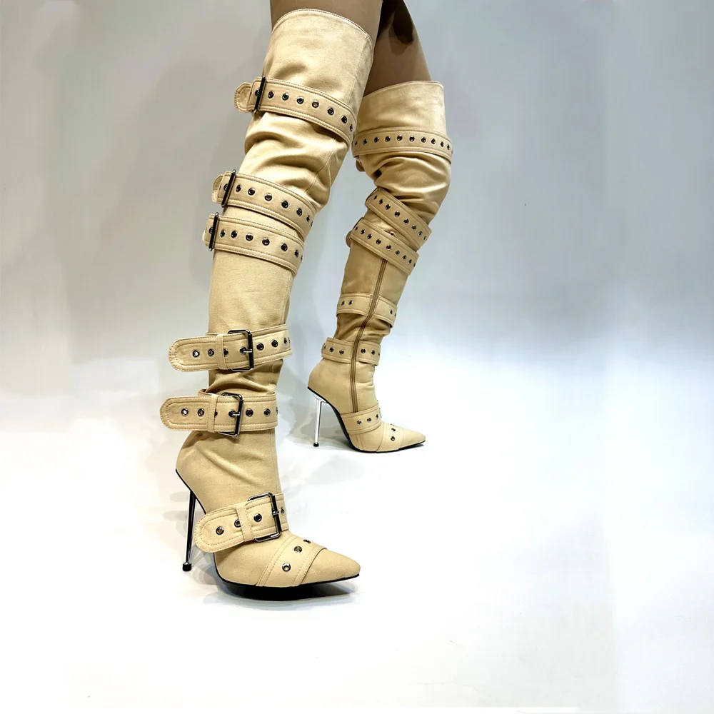 Women Sexy High Heels Thigh Boots Buckles Pointed Toe Rivets Jeans Size 43 Winter Over The Knee High Boots - Image 1