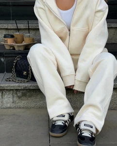 Cream Full Zip Hoodie Set Oversized Sweatshirt and Wide Leg Joggers Women Tracksuit Cozy Fleece TwoPiece Outfit Women Loungewear