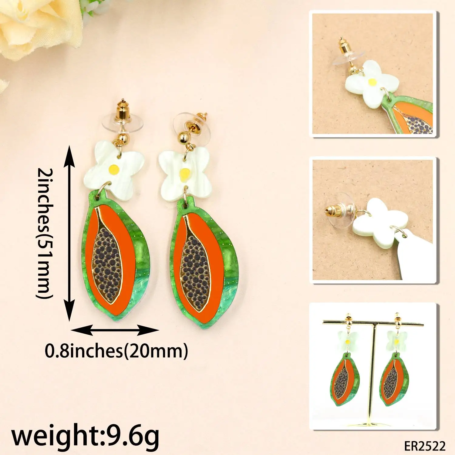 YCXER2522 Starry Sky Green Papaya Earrings Light Green Marble Coloured Bottom 2mm White Upper Orange Gold Fashionable Earrings details