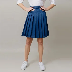 Clothing Manufacturer Custom Spring Autumn Blue High Waist Stretch Wash Elegant Casual Women Pleated Denim Skirt