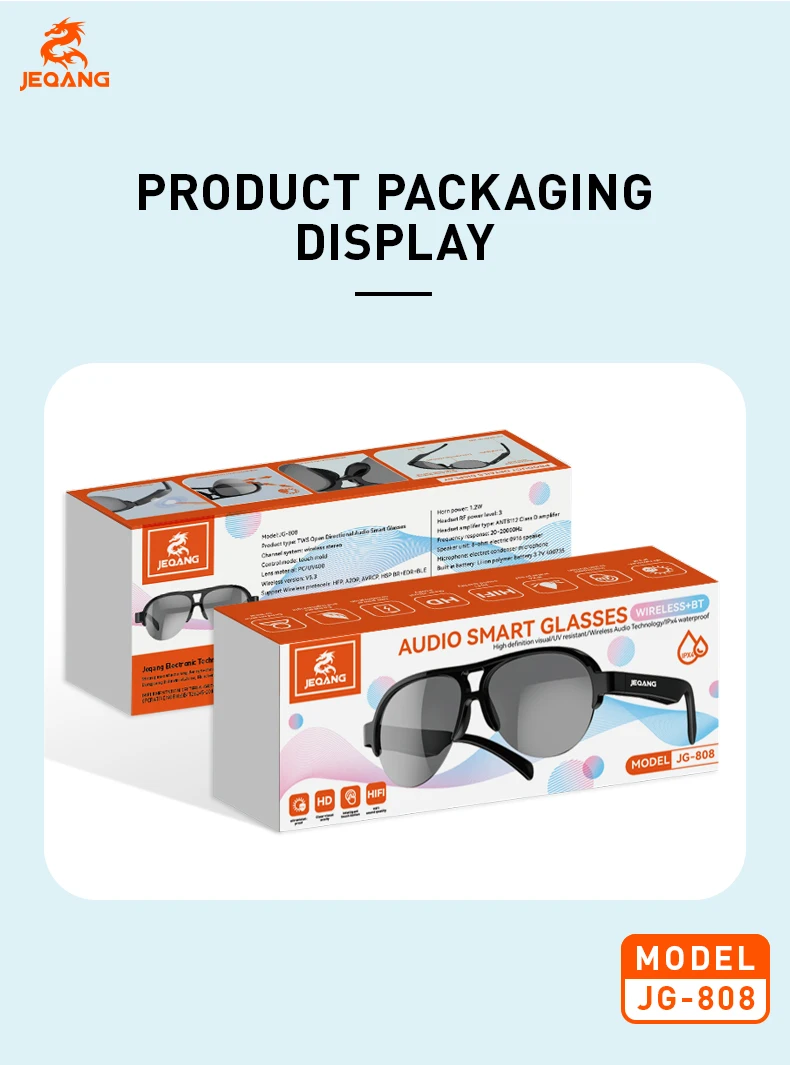 Jeqang-808 Smart Glasses New Release Intelligent Audio Harmful Light Blocking Clearer Field View IPX4 Waterproof Clearer Field