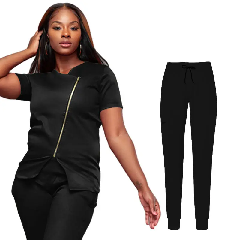 Fashionable Design Medical Uniform Shortsleeve Female Scrubs Set Zipper