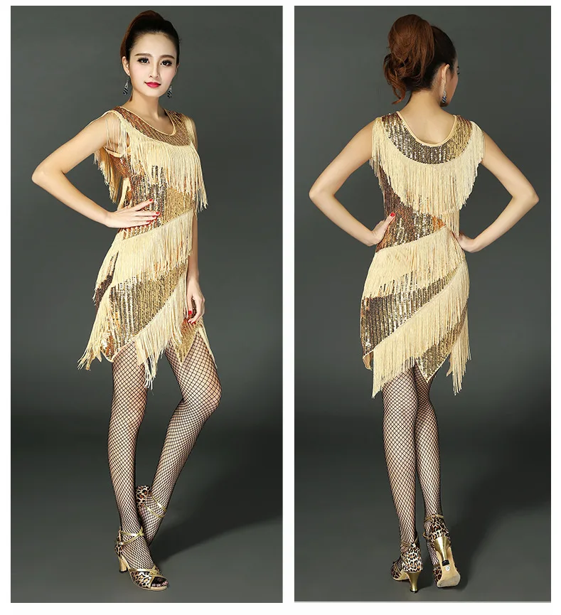 Women's Latin Salsa Tango Dress Sequin Asymmetry Fringe Dancing Dress  Ballroom Costume