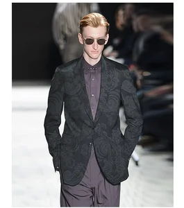 European American Haute Couture Forged Cashew Nut Flower Jacquard Brocade Jacket Single Breasted Black Color Plus Size for Men