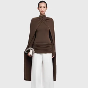 Factory Wholesale Designer Fashion Autumn Winter Knitted Blouse Women Cloak Sleeve Turtleneck Casual Pleated Draped Blouse